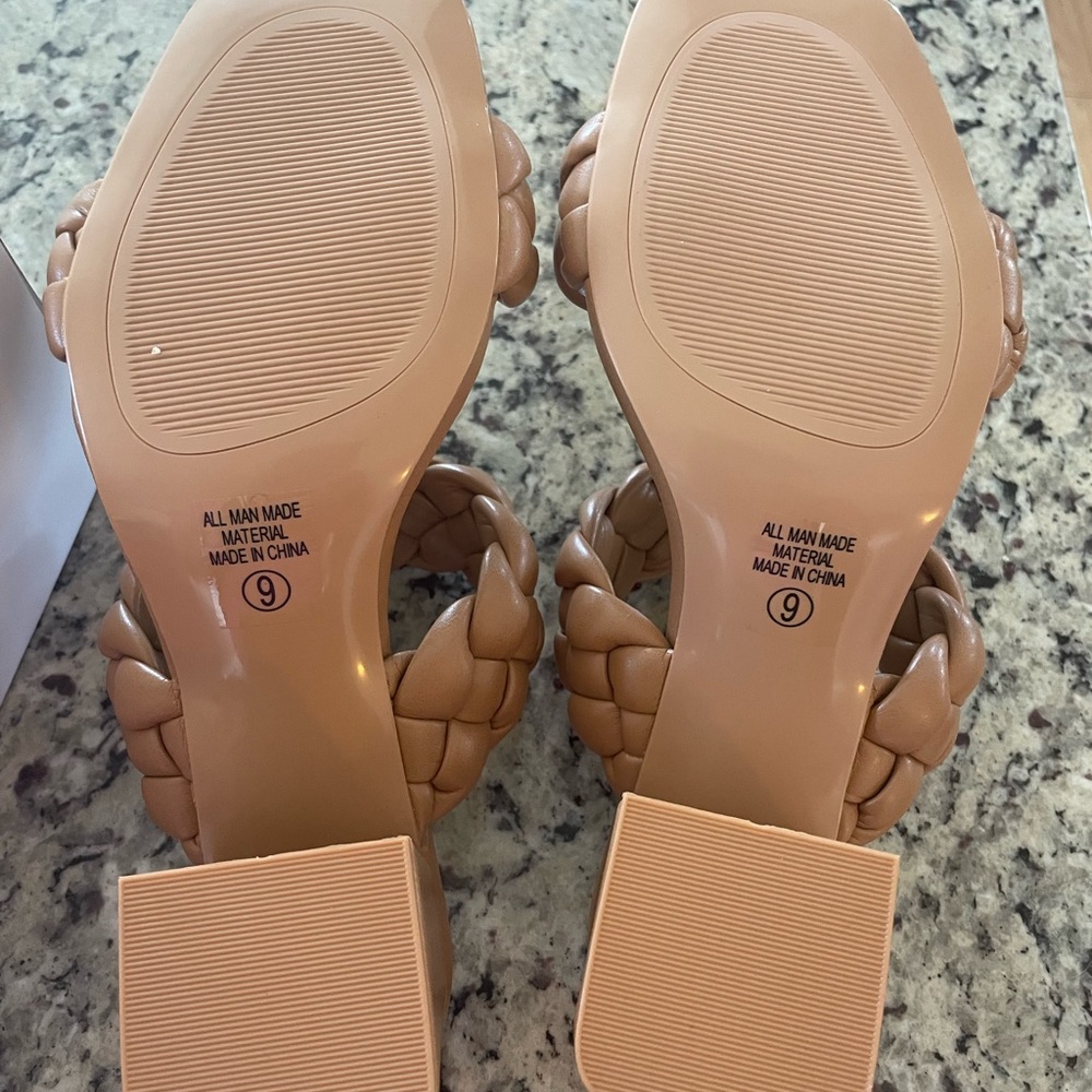 ANDI CAMEL BRAIDED DOUBLE STRAP BLOCK HEELS